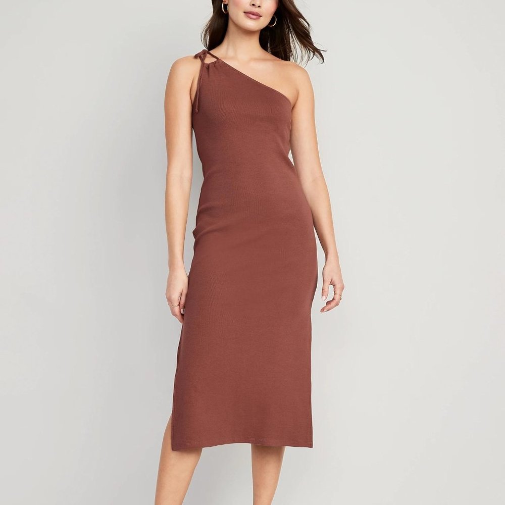 Old Navy Fitted One-Shoulder Double-Strap Rib-Knit Midi Dress for Women New